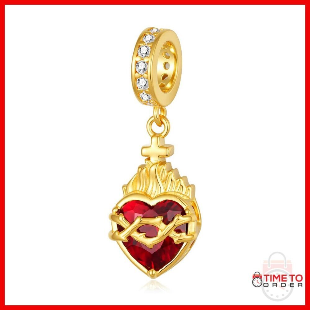 Sterling Silver Sacred Heart Charm Bead 16mm Religious Jewelry